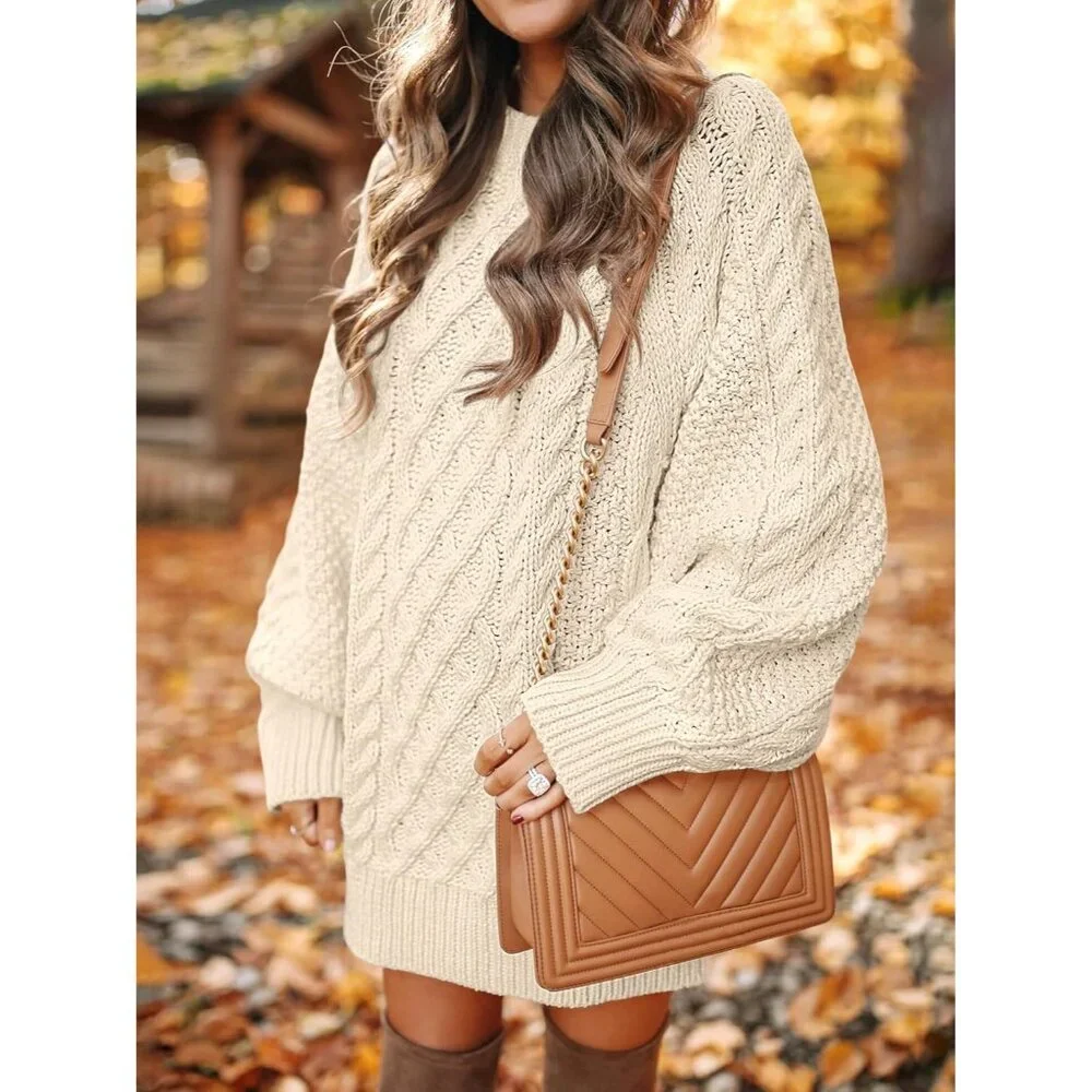 Womens Oversized Cable Knit Sweater Dress Chunky Long Sleeve Fall Winter Outfit - Picture 3 of 7